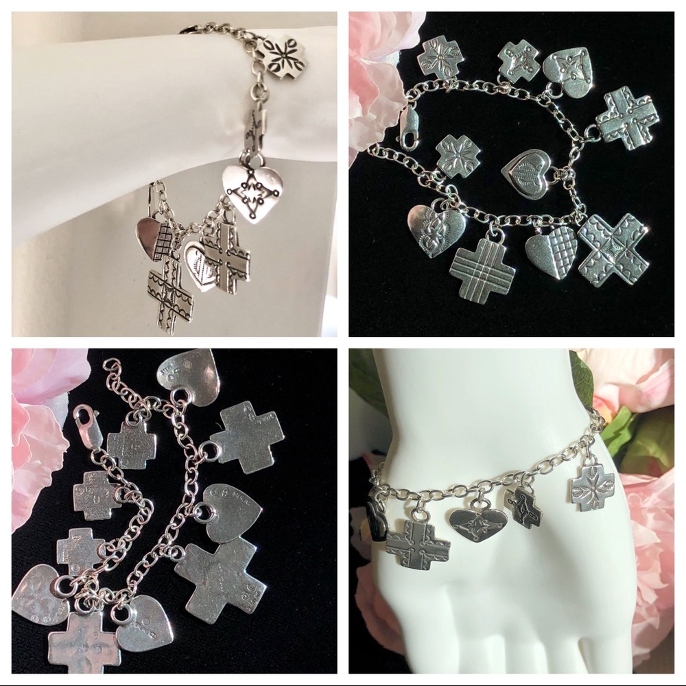 Sterling Silver Charm Bracelet w/Hearts&Crosses - Picture 3 of 7